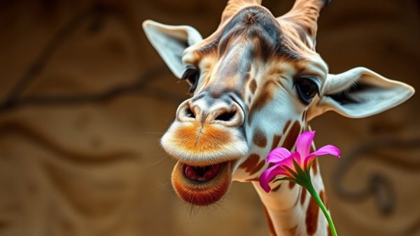 Giraffe gently interacting with pink flower at Oakland Zoo.
