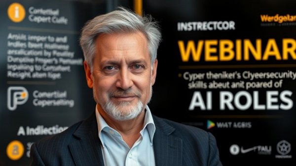 Webinar ad for cybersecurity skills in AI with male instructor.