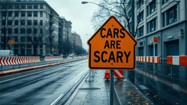 Sign reading 'Cars Are Scary' on rainy urban street highlighting dangers of automobility.