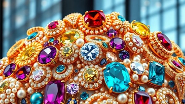 Vibrant jewelry collage elevates New Year's Eve look with luxurious pieces.
