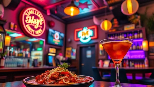 Oakland Mezcal & Mole Comedy Night, vibrant bar scene with food and drink.