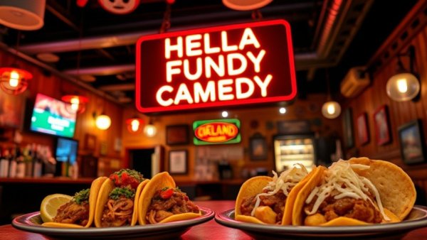 Oakland Comedy Night at a vibrant bar with gourmet dishes and neon sign.