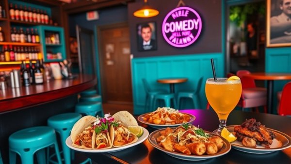 Oakland Mezcal & Mole Comedy Night scene with bar, food, and drinks.