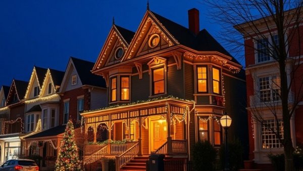 Festive Victorian house evening scene featuring UCSF Expansion in Mission Bay ambiance.