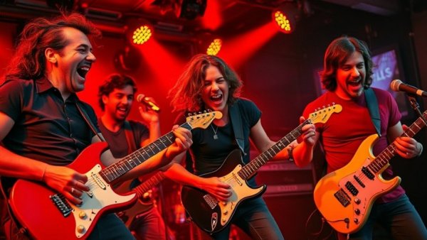 Lively band performance at club with neon red lights.