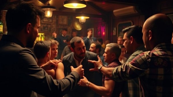 Public intoxication consequences at a bar, chaotic scene.