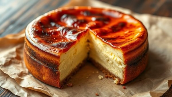Basque cheesecake with creamy layer and burnt top on parchment paper.