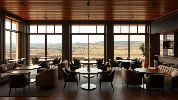 Upscale hotel lounge with vineyard view at Culinary Hotel Appellation Healdsburg.
