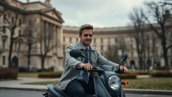 Professional man riding scooter near historic building.
