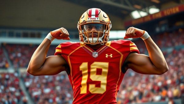 Malik Mustapha 49ers player flexing muscles in vibrant stadium.