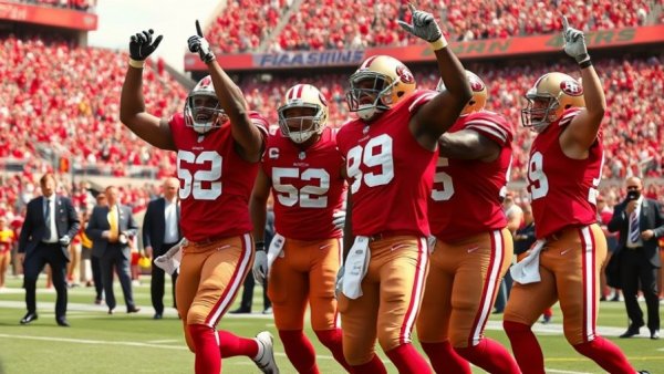 49ers playoff push with players celebrating on field.