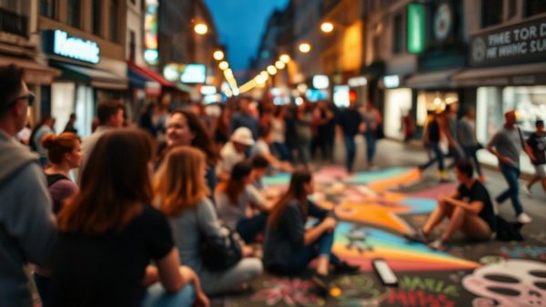 Blurry crowd enjoying vibrant street chalk art at 16th & Mission Open Mic.
