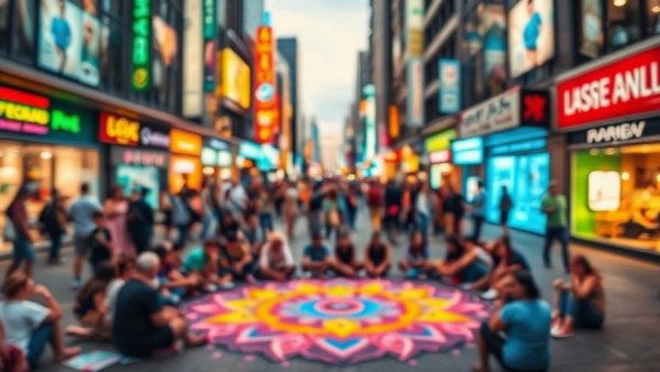 Vibrant crowd at 16th & Mission Open Mic, colorful chalk art.
