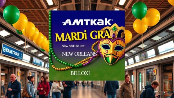 Amtrak Mardi Gras Service poster at busy station with travelers.