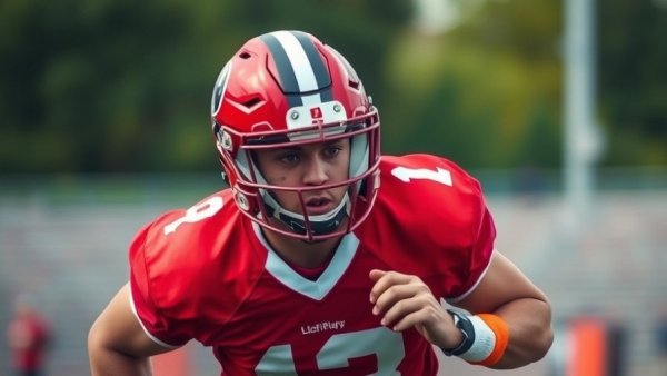 49ers player in red jersey during intense practice return.