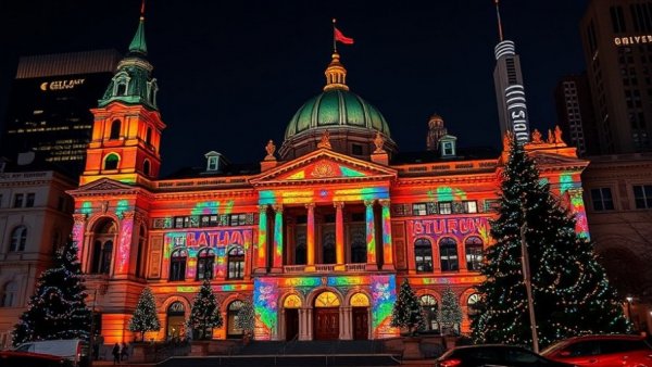 City hall glowing with festive winter lights show.