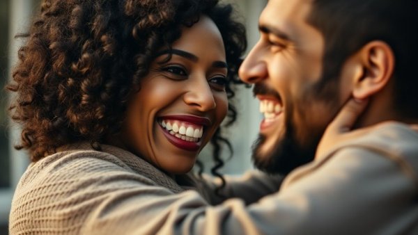 Joyful couple embracing, captured in a close, heartfelt moment.