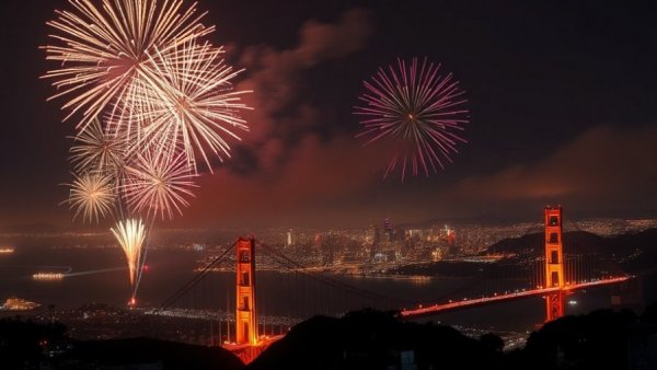 Spectacular fireworks over San Francisco on New Year's Eve.