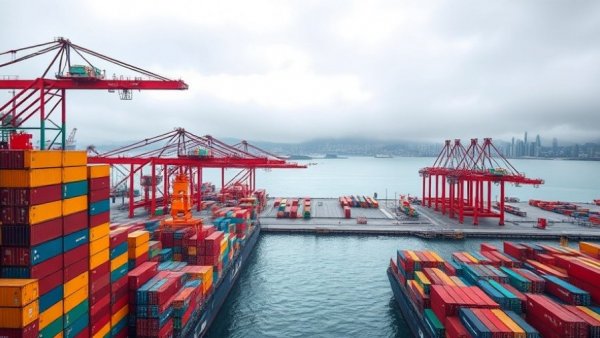 California cargo port with colorful shipping containers and foggy city skyline.