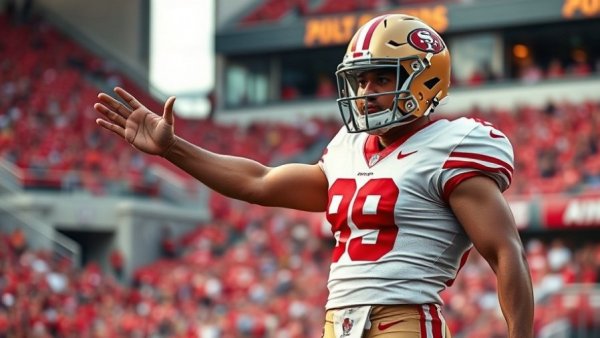 49ers player stretching on field, practice report background, stadium crowd.