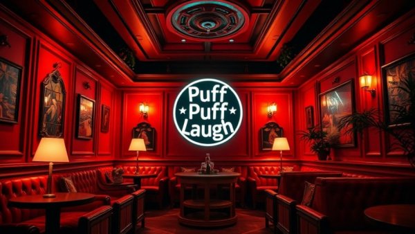 Puff Puff Laugh Cannabis Lounge interior with vibrant red decor.