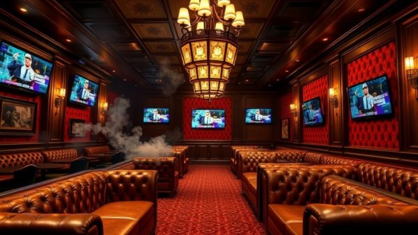 Elegant comedy show lounge with leather and red walls, Puff Puff Laugh SF Comedy Show ambiance.