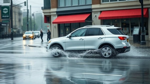 Flooded street with SUV in North Bay during atmospheric river.