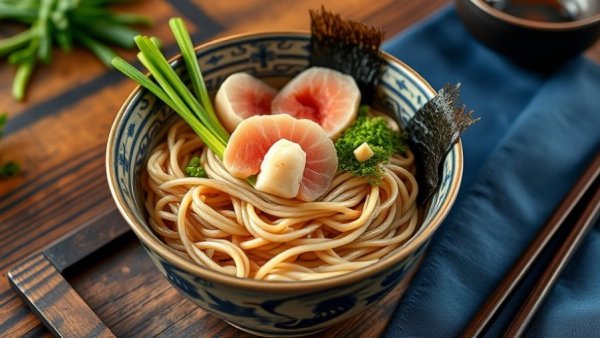 Traditional Toshikoshi Soba in an ornate bowl with garnishes