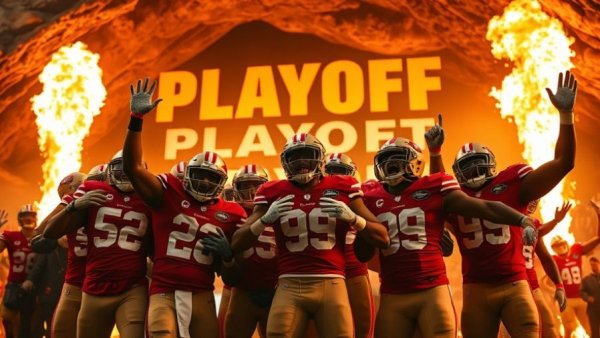 49ers clinch playoff spot celebration, fiery background.