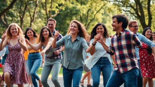Joyful swing dancers in the park at Lindy in the Park Swing Dance Party.
