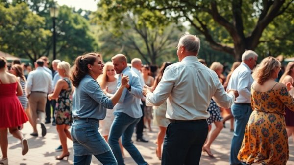 Lindy in the Park Swing Dance Party with joyful dancers in a sunny park.