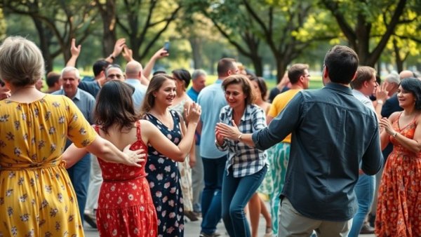Lindy in the Park swing dance party with diverse group dancing energetically.
