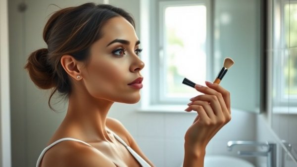 Elegant woman applying makeup with dazzling red holiday look.