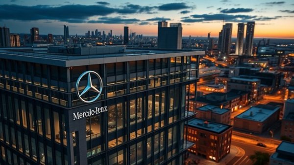 Mercedes-Benz headquarters with logo at dusk, overlooking city.