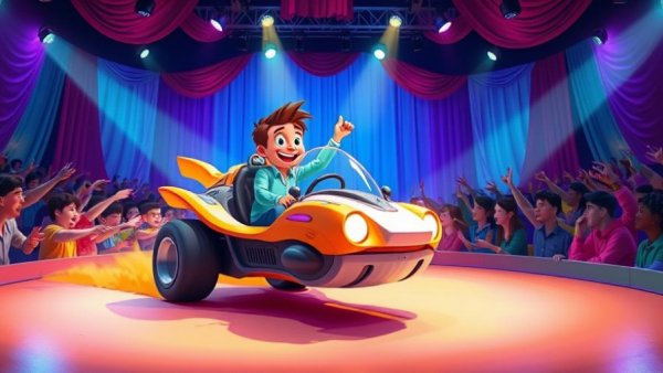 Cartoon scene with character driving futuristic vehicle on stage