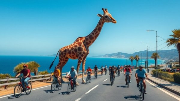 Closure of Sunset Dunes busy road with cyclists and giraffe sculpture.