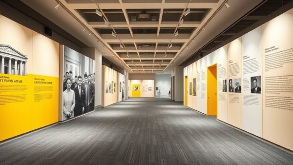 Makibaka exhibit with yellow panels displaying history
