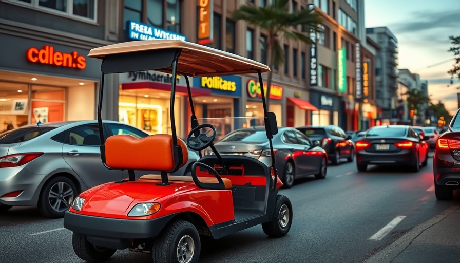 Red golf cart on a city street with shops and cars, related to Trump selling TikTok to Oracle.