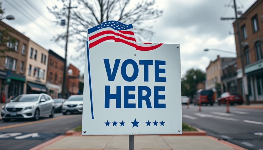 Election sign 'Vote Here' with multilingual text and street.