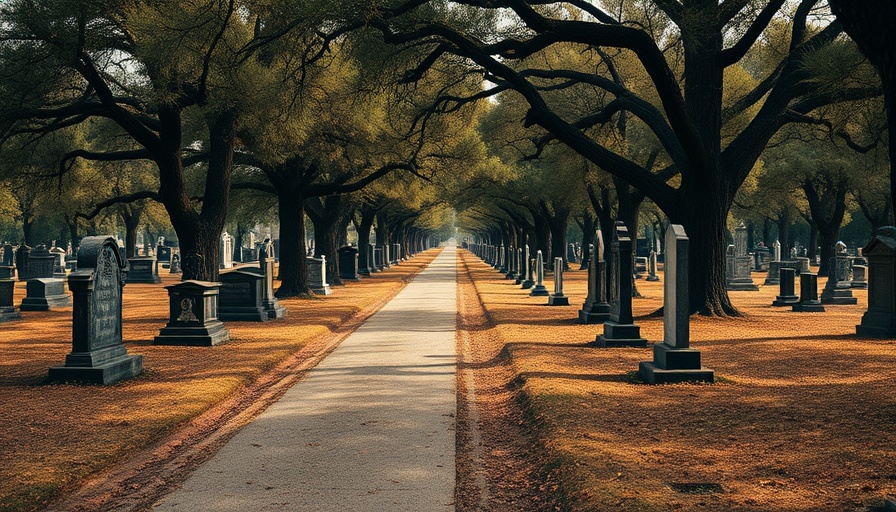 Mountain View Cemetery walking tour path surrounded by trees and gravestones.