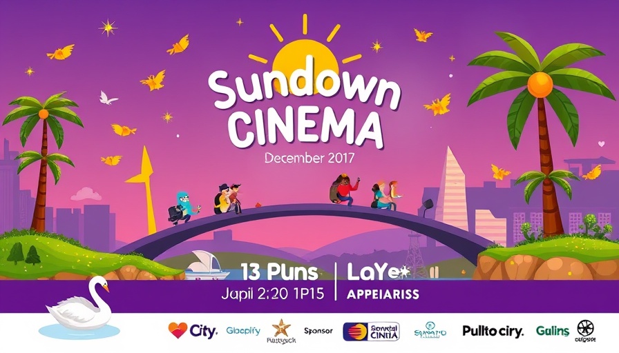 Vibrant Sundown Cinema poster with playful graphics.