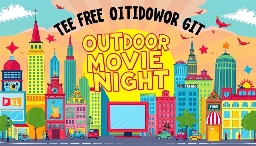 Colorful poster for Free Sundown Cinema with whimsical graphics.