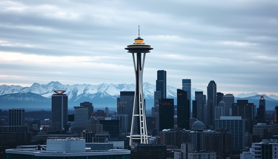 Seattle skyline with Space Needle, highlighting population growth and car ownership decline.