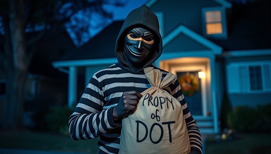 Playful thief with DOT sack at night in front of house.