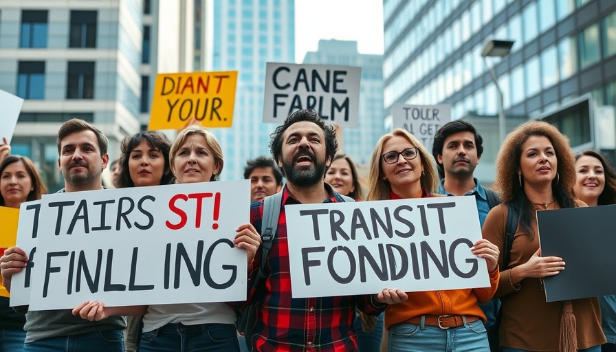 Protesters demanding Bay Area transit funding in urban setting.