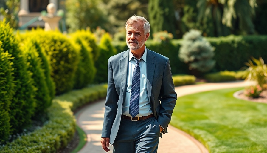 Man in a suit walking along a garden path, reflecting transit funding risk.