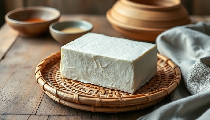 Freshly made tofu block on a bamboo tray, showing how to make tofu at home.