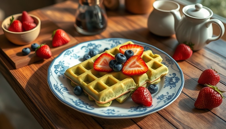 Matcha mochi waffles with berries on a rustic table.