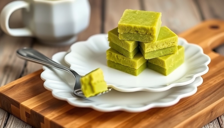Matcha butter mochi squares on plate with fork in kitchen setting.