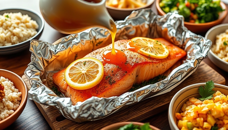 Salmon in foil recipe with sauce pouring over lemon and herbs.